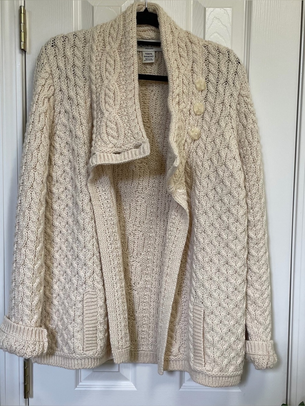 Aran Mor Ireland Cable Knit Crossover Neck Sweater 100% Merino Wool Sz L - Picture 5 of 10